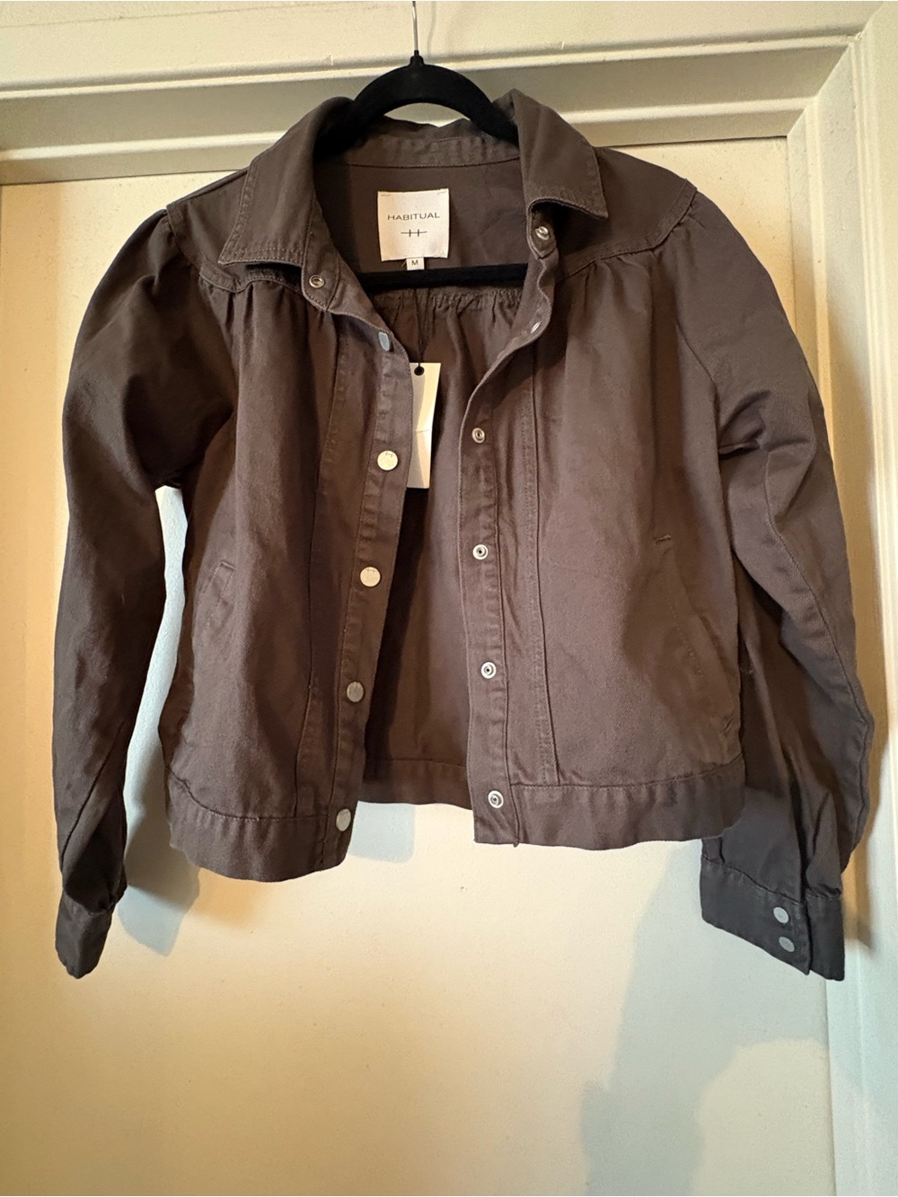 NWT Habitual Mushroom Twill Puff-Sleeve Cropped Trucker Jacket - Size M